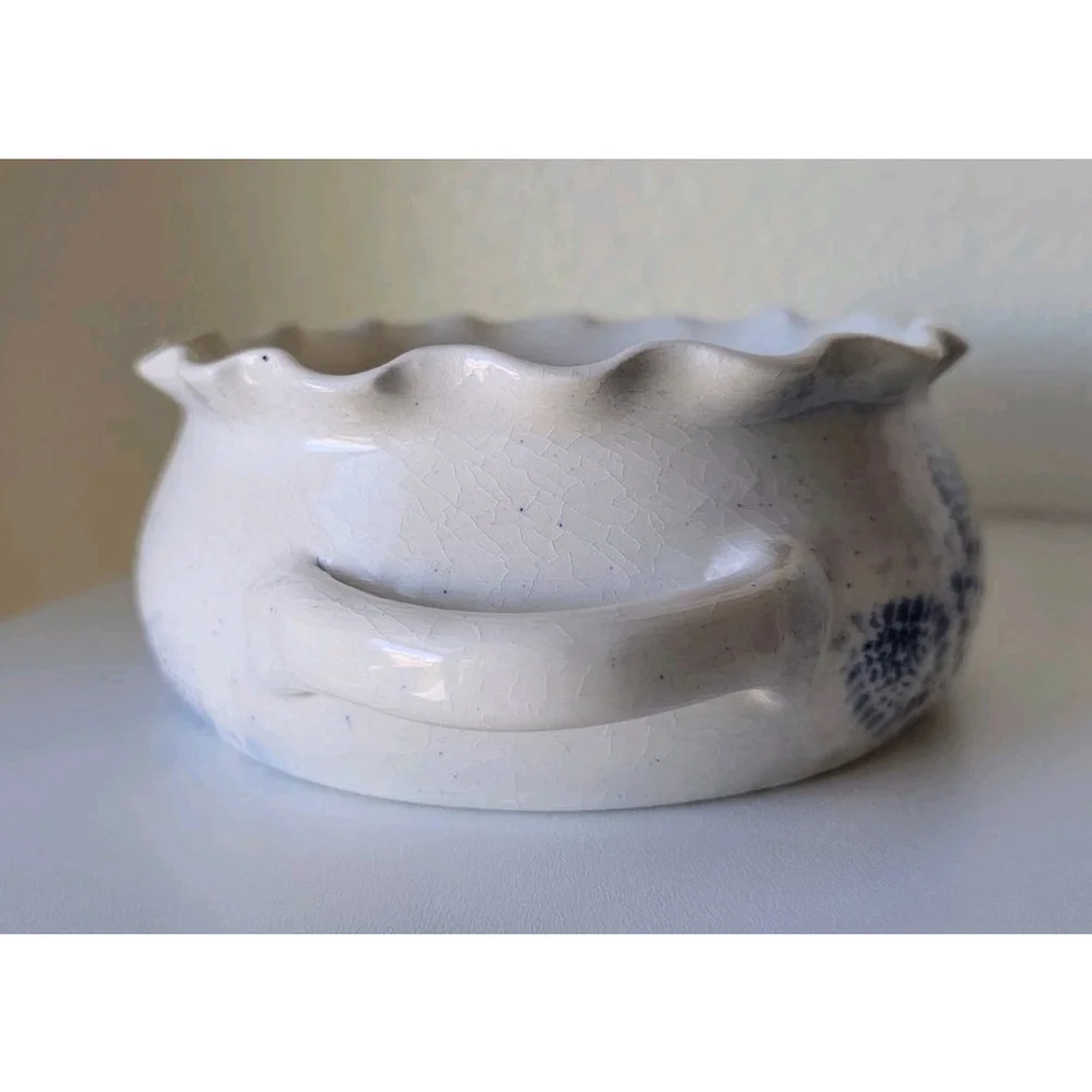 Ruffle Edge Artisan Ceramic Dish With Doily Impression Blue and White Design
